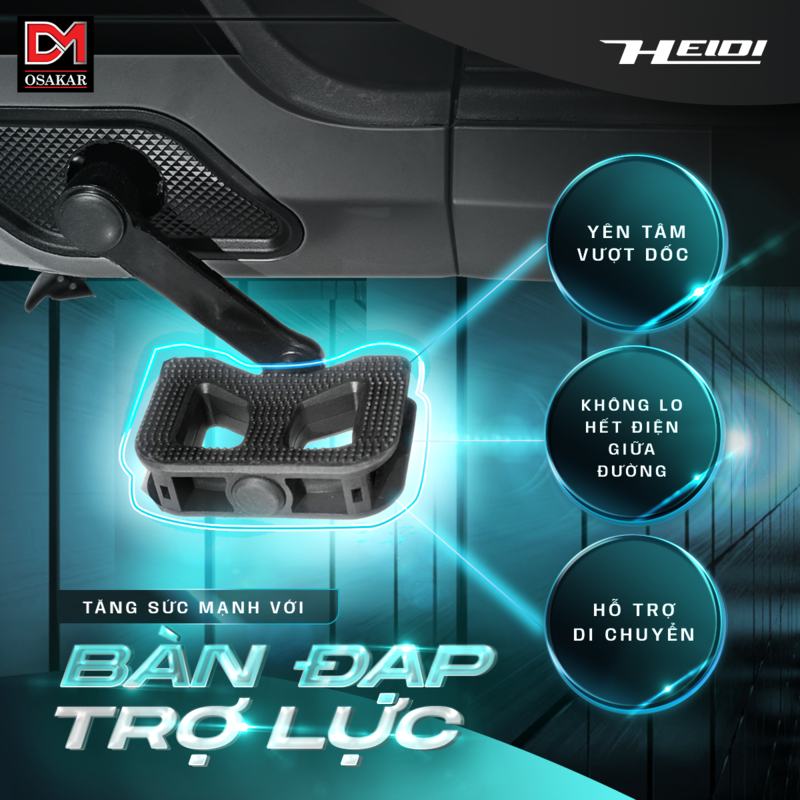 Xe điện OSAKAR Hedi sở hữu bàn đạp trợ lực vừa năng động cá tính, vừa linh hoạt sử dụng khi xe hết điện