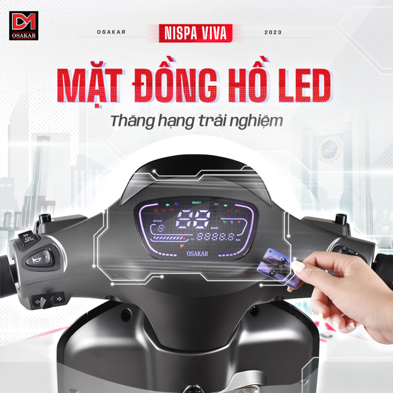 Xe máy Nispa Viva sở hữu mặt đồng hồ LED hiện đại tích hợp thẻ NFC 1 chạm giúp thao tác mở khóa nhanh gọn, nâng tầm trải nghiệm người dùng