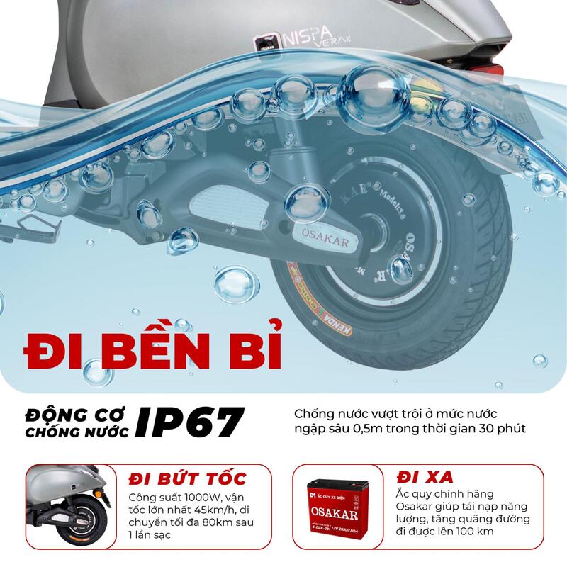 OSAKAR Nispa Vera X với động cơ chống nước đạt chuẩn IP67, vận hành bền bỉ ngay cả khi ngập nước 
