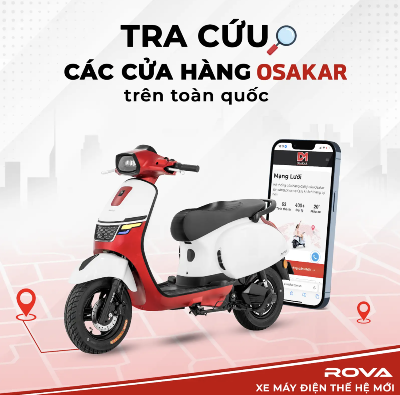 OSAKAR có mạng lưới đại lý phân phối trên 63 tỉnh thành với hơn 400 đại lý trực tiếp phân phối trên 20 mẫu xe điện