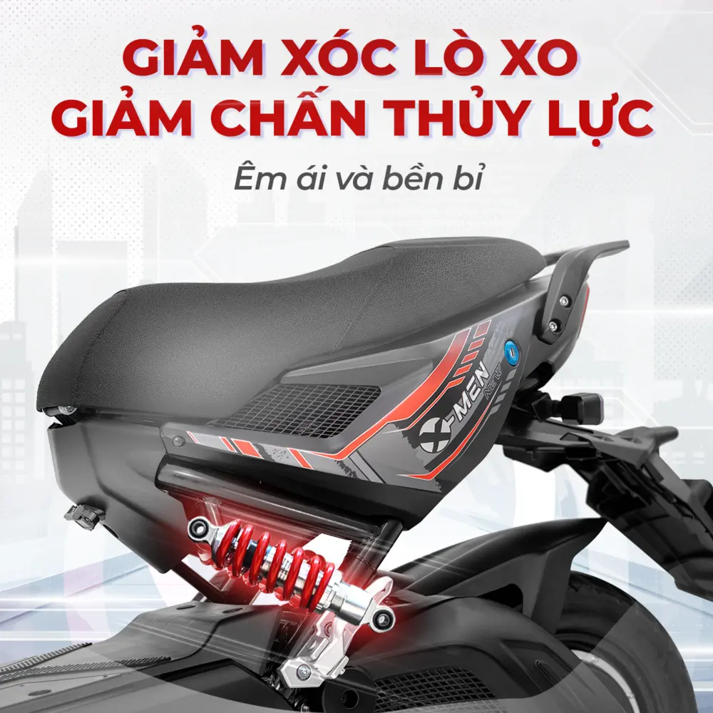 OSAKAR Xmen New còn sở hữu giảm xóc lò xo trụ/thủy lực mang đến trải nghiệm lái êm ái ngay cả trên những đoạn đường gồ ghề