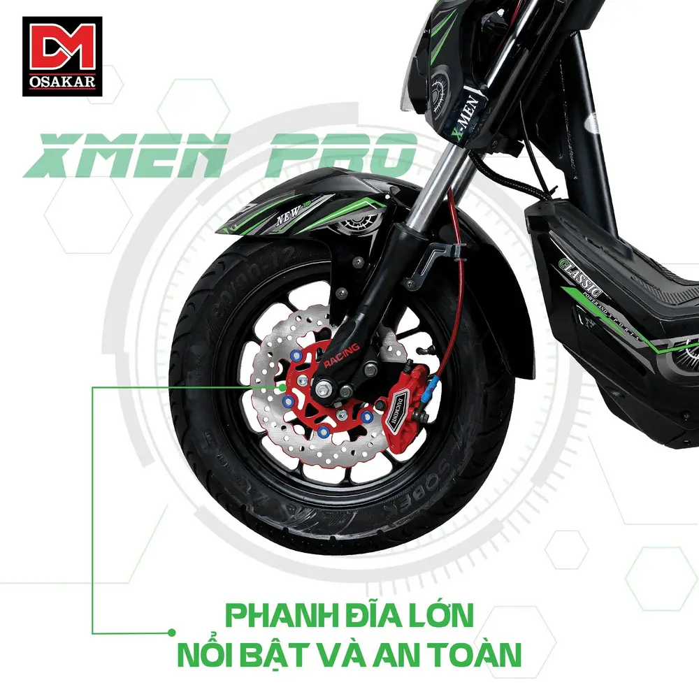 Xe được trang bị hệ thống phanh đĩa lớn hạn chế trượt/xòe khi phanh gấp, đảm bảo an toàn tối đa khi di chuyển