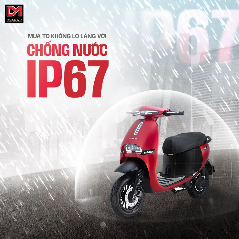 Xe máy điện OSAKAR Gogo được trang bị động cơ chống nước đạt chuẩn IP67, đảm bảo xe vận hành bền bỉ, an toàn khi di chuyển dưới trời mưa to