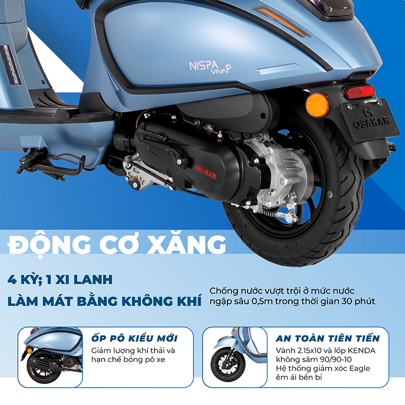Xe xăng 50cc Viva P được trang bị động cơ hiện đại, ốp pô kiểu mới, lốp không săm an toàn và bền bỉ