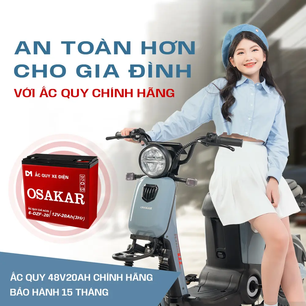 Xe điện OSAKAR được trang bị ắc quy chính hãng, giúp vận hành ổn định và an toàn khi sử dụng lâu dài